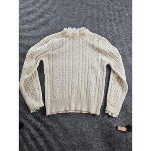Lush Ivory Cable Knit Sweater Lace Trim Neck & Sleeves Viscose Blend Sz M